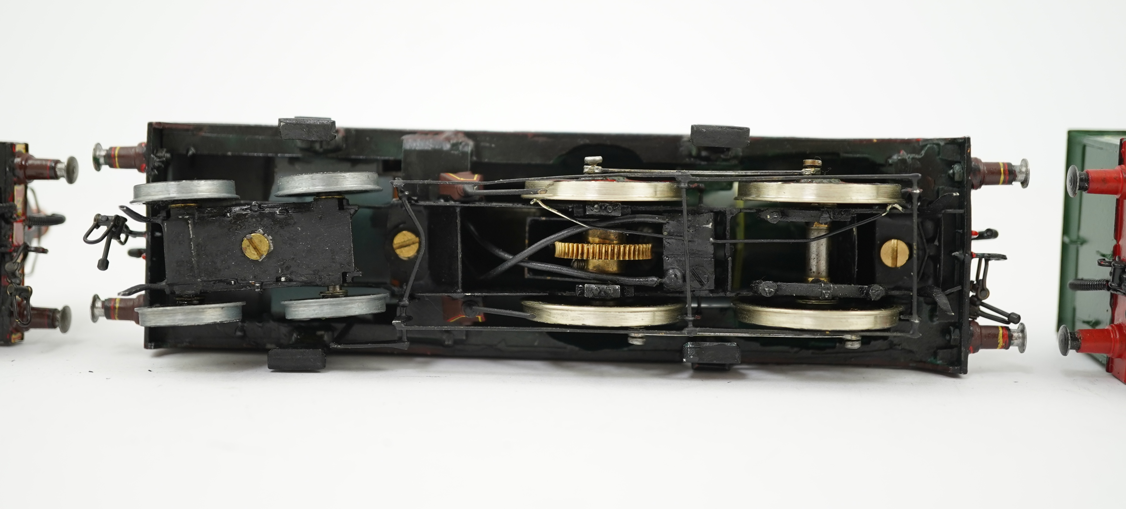 Three 00 gauge brass and white metal kit built Wainwright designed SE&CR tank locomotives (possibly by Wills Finecast); a class R1 0-4-4T, 696, a class H 0-4-4T, 263, and a class P 0-6-0T, 325, constructed, all painted a